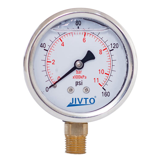 Pressure Gauge,Glycerin Liquid Filled,2-1/2" Dual Scale Dia,0-160 psi/bar/kpa,1/4" NPT Male Brass Connection,Lower Mount, Stainless Steel Case,for Pneumatic,Pump,Hose,Well Tank,Gas Air Water Oil