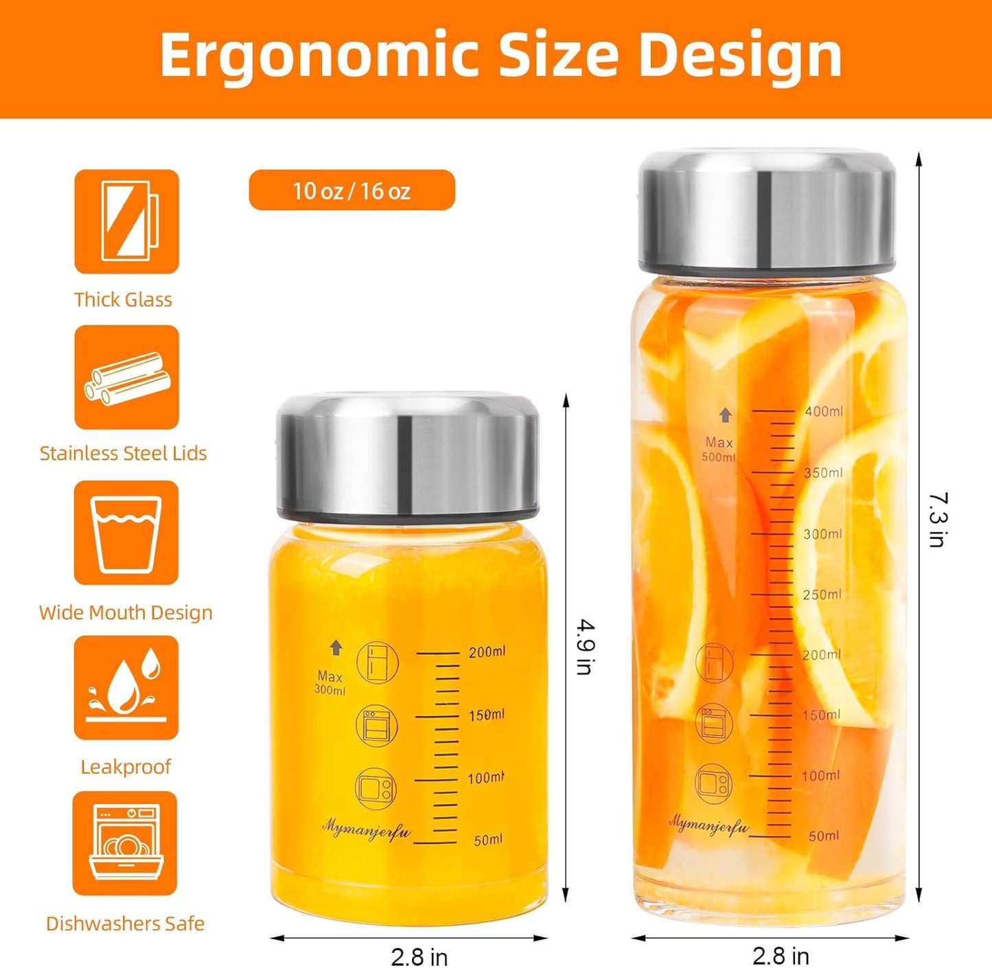 Glass Juice Bottles 4 Pack 16 oz - Wide Mouth Glass Water Bottles with Lids - for Juicing, Smoothies, Milk, Protein, BPA Free, Reusable, Stainless Steel Lids, Leak Proof, Shaker bottle (16oz/500ml)