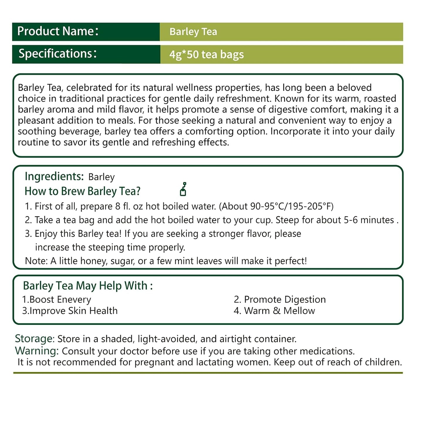 Samcci - Barley Tea, 4g×50 Count Premium Natural Roasted Barley Tea Bags - Non-GMO - Caffeine-Free - Sugar Free - Mugicha -Nutty - Digestion Support & Rich in Nutrition