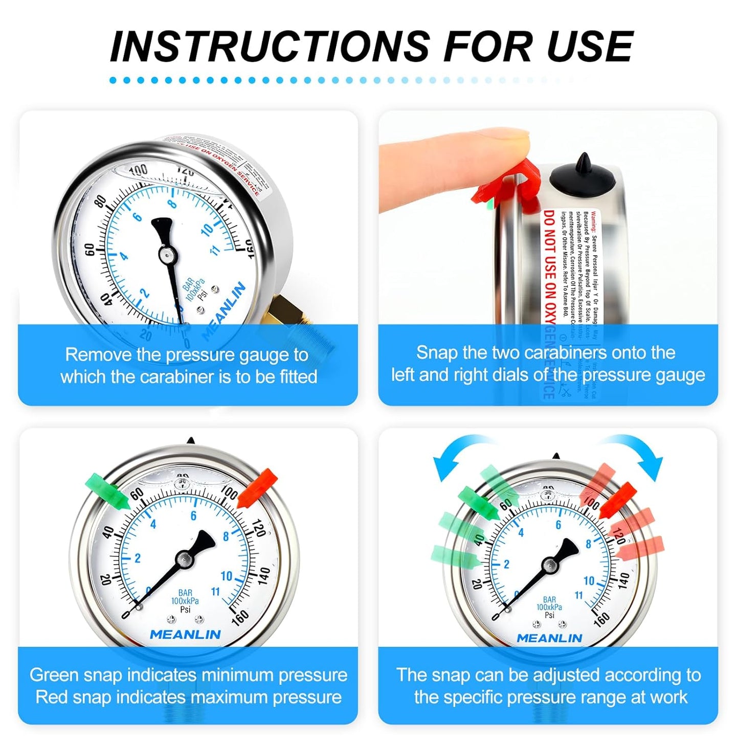 MEANLIN MEASURE 0~160Psi Liquid Filled Pressure Gauge 1/4" NPT 2.5" FACE DIAL Stainless Steel Glycerin Filled WOG Water Oil Air Lower Mount (with 2PCS Snaps)