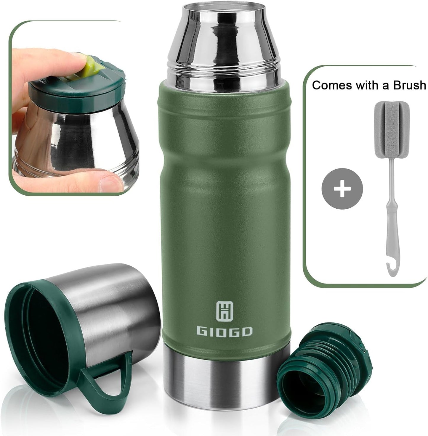 Vacuum Insulated Water Bottle Thermo Water Flask with Cup 680ml/23oz Stainless Steel Thermal Water Bottles Thermo for Hot and Cold Drinks Coffee Water(Green,Single)