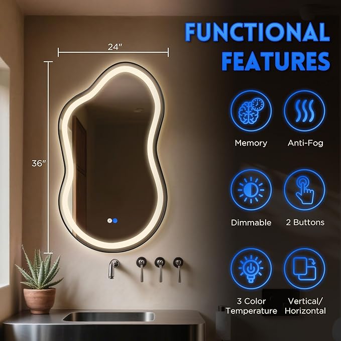 Dorlicecass Irregular Led Bathroom Mirror- Black 24"x36" Single Piece Vanity - Image 5