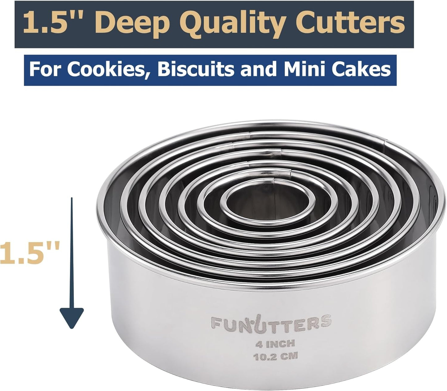 Cookie Cutters Set, 7 Pc. Kit, Measuring 1'', 1.5'', 2'', 2.5'', 3'', 3.5'', and 4'', Round Metal Baking Rings for Pastry, Biscuits, and Dough Cutting, Heavy Duty and Reusable, Multiple Sizes