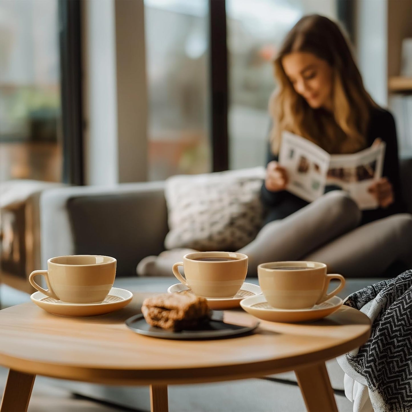 Sweese 6 Ounce Cappuccino Cups with Saucers, Porcelain Double Espresso Cups Set of 4 - Yellow