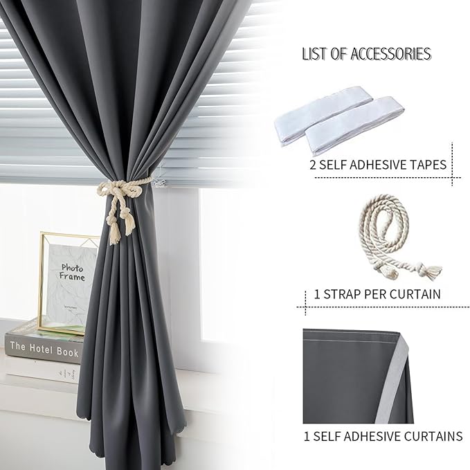 Thermal Blackout Curtains with Self-Adhesive Tape, No Rod No Drill Easy Install - Image 6