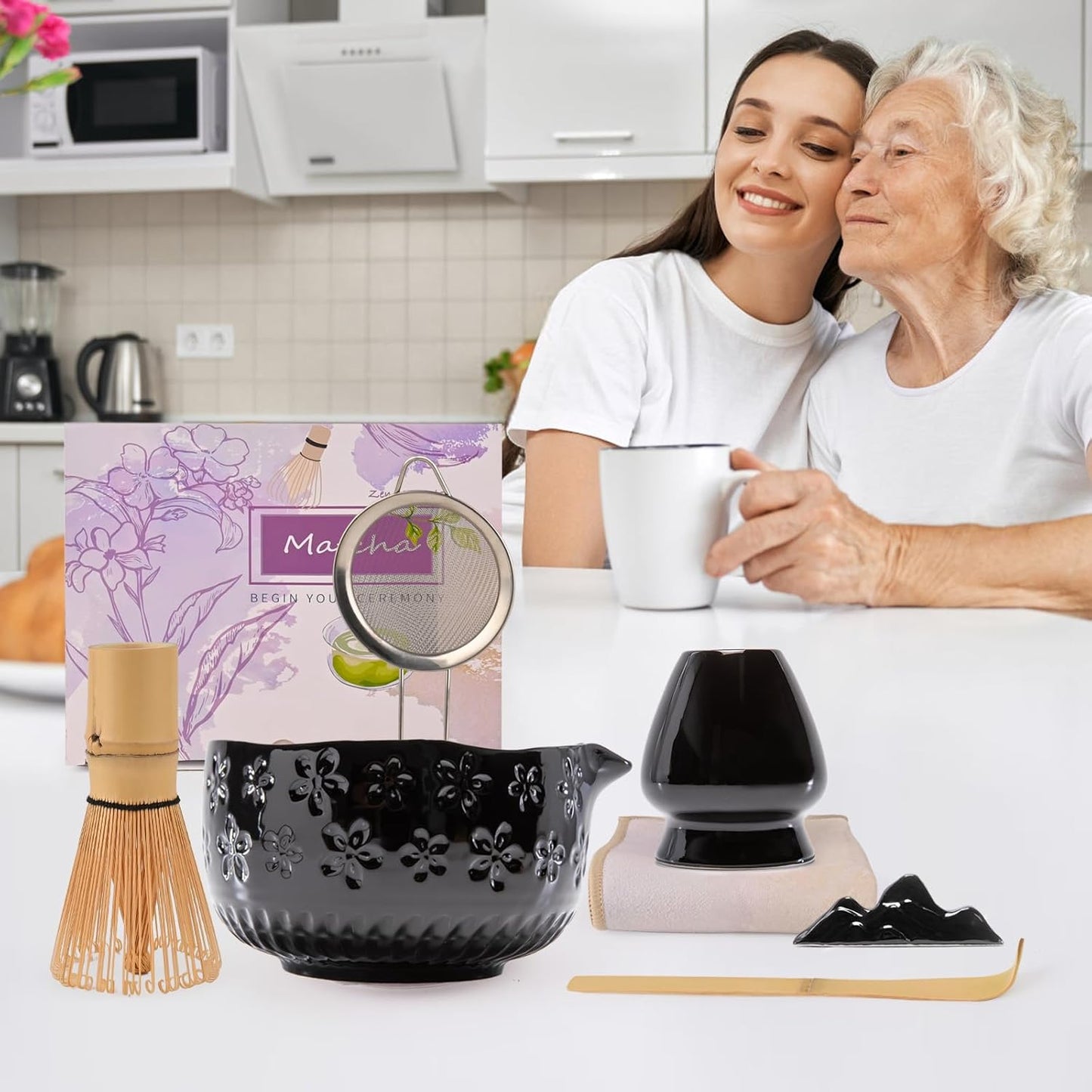 Matcha Whisk Set - Traditional Japanese Handmade Bamboo Matcha Whisk and Holder, Matcha Bowl,Bamboo Scoop, Scoop Rest, Sifter and Tea Towel (Black)