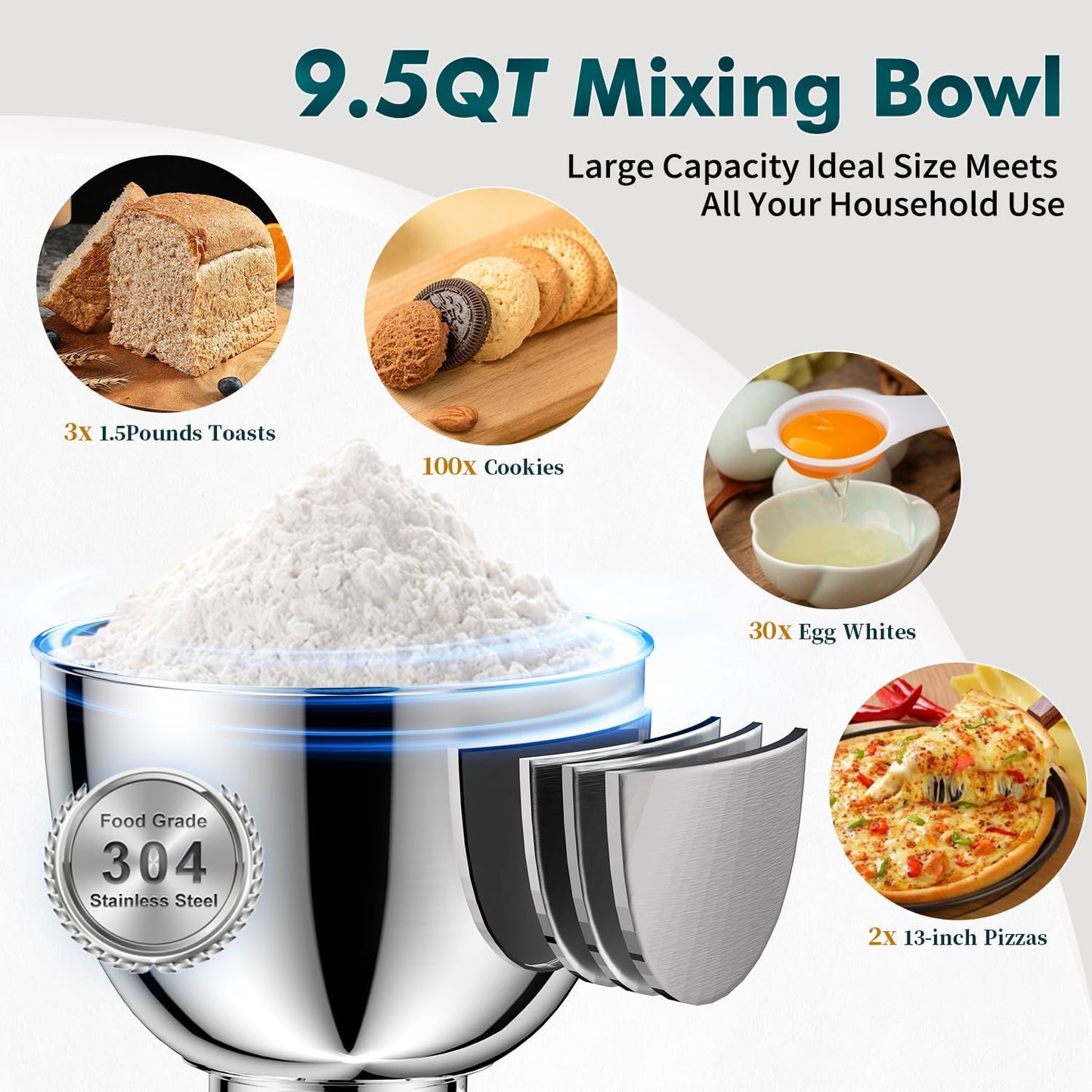 COOKLEE Stand Mixer, 9.5 Qt. 660W 10-Speed Electric Kitchen Mixer with Dishwasher-Safe Dough Hooks, Flat Beaters, Wire Whip & Pouring Shield Attachments for Most Home Cooks, Silver