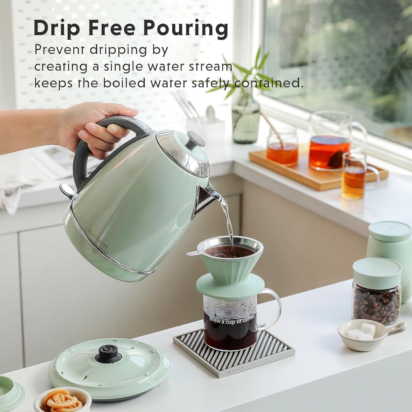 BUYDEEM K640 Stainless Steel Electric Tea Kettle with Auto Shut-Off and Boil Dry Protection, 1.7 Liter Cordless Hot Water Boiler with Swivel Base, 1440W, Cozy Greenish