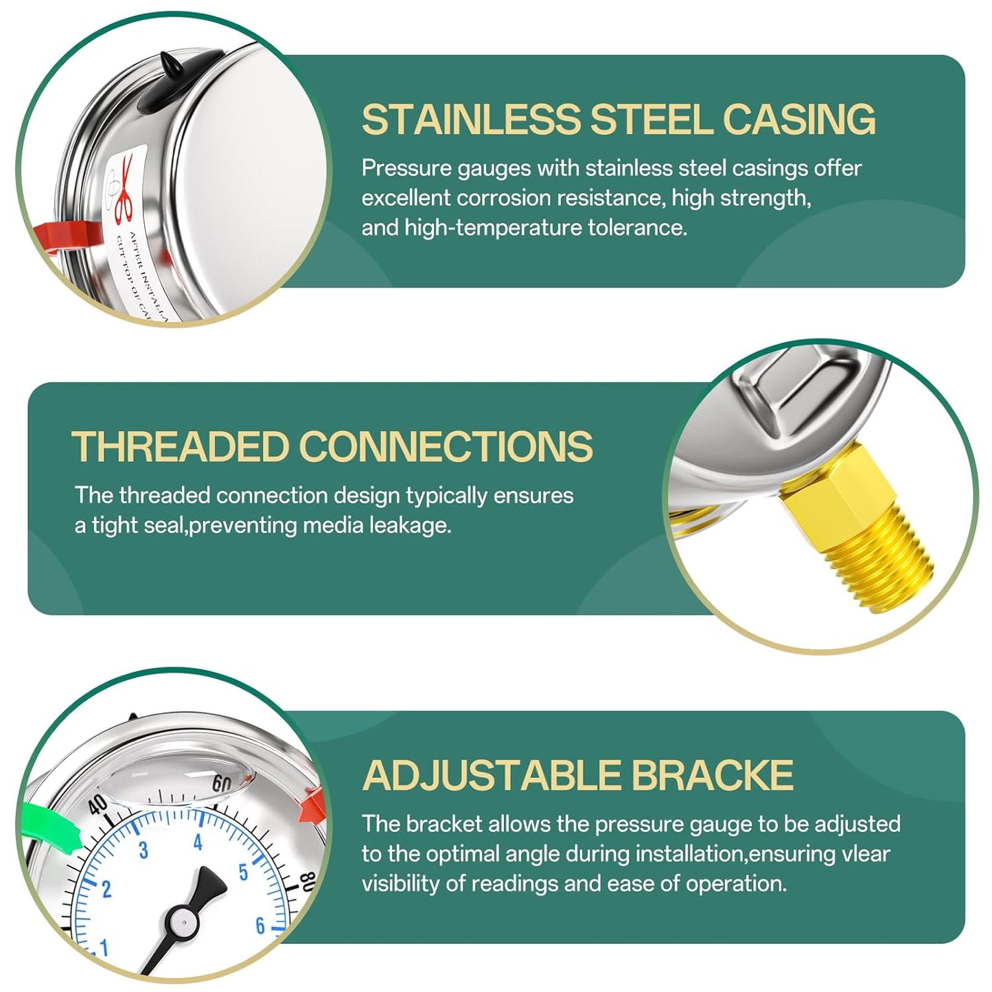 0-100psi Stainless Steel 1/4" NPT 2.5" Dial, Glycerin Liquid Filled Pressure Gauge Lower Mount for Pressure Testing of Water, Oil and Air (with Range Mark Pointer)