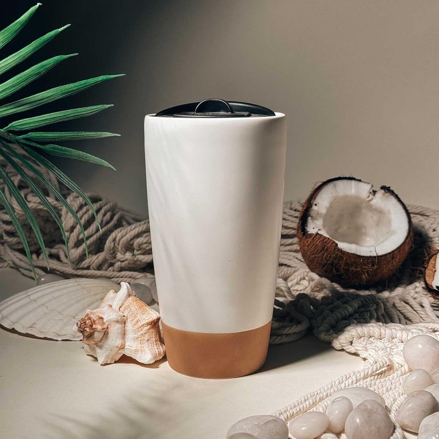 Mora Double Wall Ceramic Coffee Travel Mug with Lid, 14 oz, Portable, Microwave, Dishwasher Safe, Insulated Reusable Tall Cup, Splash Resistant Lid - To Go Tumbler for Car Cup Holder, Cotton White