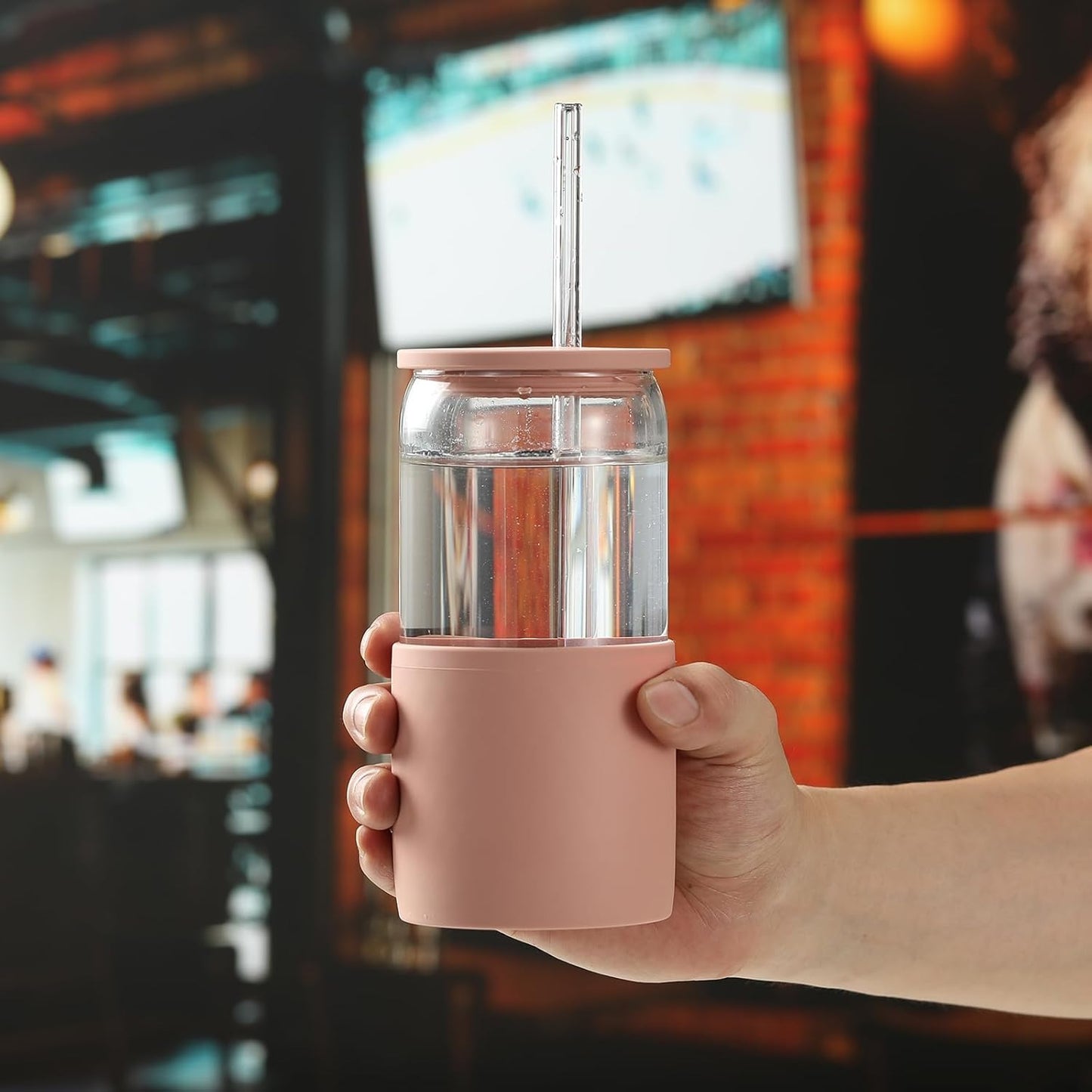 Sunseeke Glass Tumbler with Straw and Lid, 16oz Ice Coffee Cup, Silicone Sleeve Cleaning Brushes, Drinking Glasses for Water, Iced Coffee, Smoothie - BPA Free (Sandy Beige)