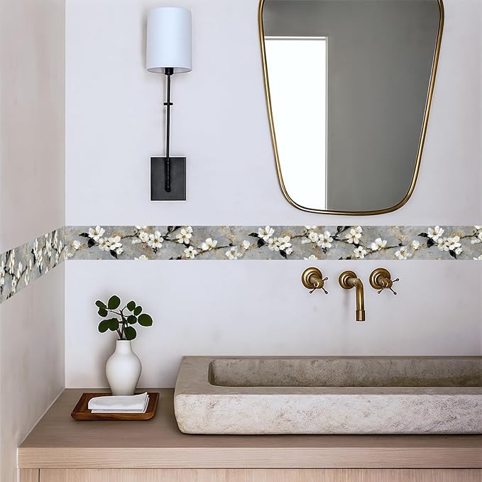 Cherry Blossom Wallpaper Border 196x4 Inch Peel and Stick Wall Border Gray - Image 3
