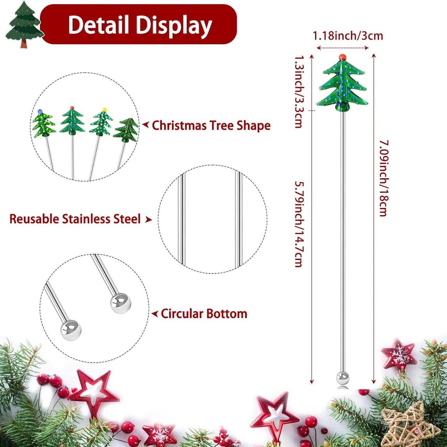 4Pcs Christmas Cocktail Stirrers Stainless Steel Creative Xmas Tree Coffee Stirrers Reusable Beverage Stir Sticks for Holiday Drinks Mixing Christmas Party Tableware Decorations