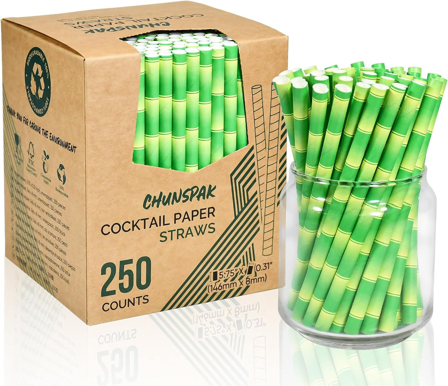 5.75" x 0.31" Green Bamboo Disposable Paper Drinking Straws for Short Drinks, Blended Cocktails, Margaritas, Smoothies, Milkshakes - Unwrapped [250 Counts]