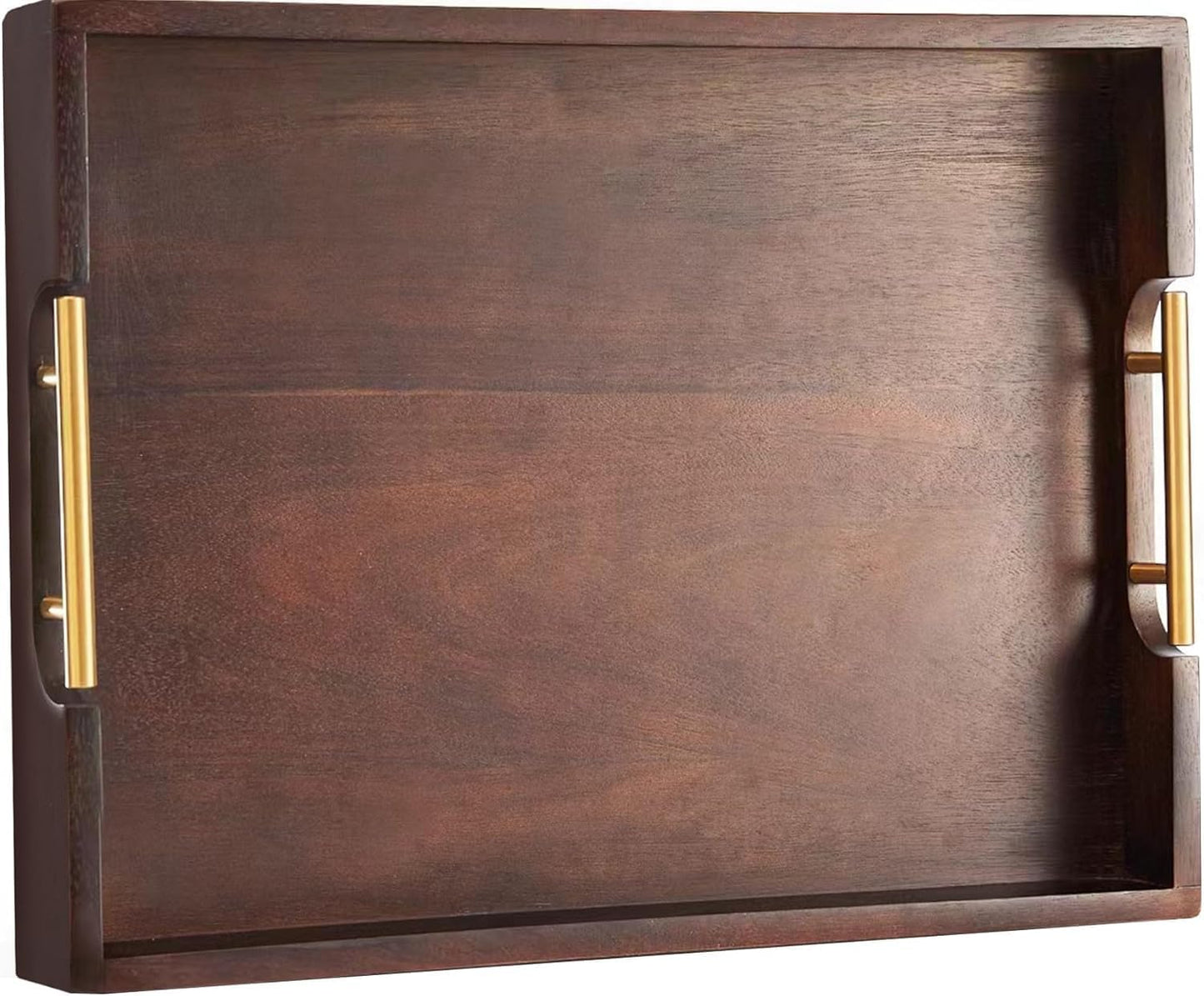 Joy&Grace Acacia Wooden Serving Tray with Metal Handles 16.7 x 12.8 inch Decorative Ottoman Tray for Living Room Coffee Table Large (Color Brown)