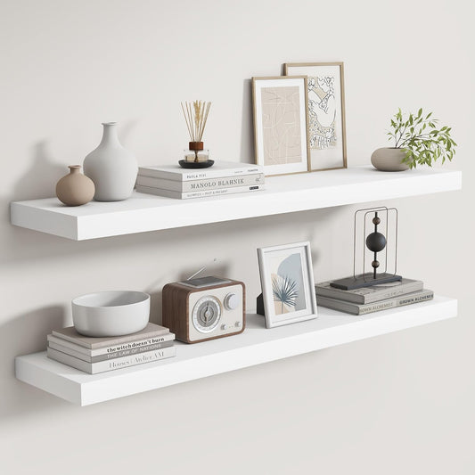 Fun Memories Rustic Real Wood Floating Shelves, 8 Inch Deep Floating Shelf Wall Mounted, 36" W x 8" D Wall Shelves Storage Shelves for Living Room, Bedroom, Bathroom, White Finish, Set of 2