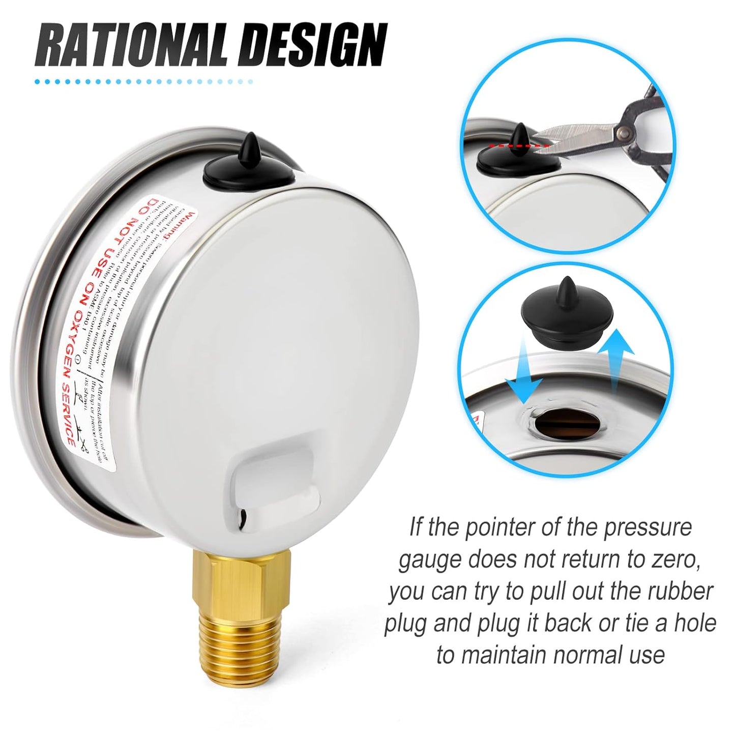 MEANLIN MEASURE 0~100Psi Stainless Steel 1/4" NPT 2.5" Single Scale FACE DIAL, Glycerin Filled Pressure Gauge, WOG Water Oil Air, Lower Mount, with 1/2" NPT and 3/8" NPT Hex Bushing