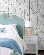 Timeet Peel and Stick Wallpaper White and Blue Floral Wallpaper Boho Leaf - Image 2