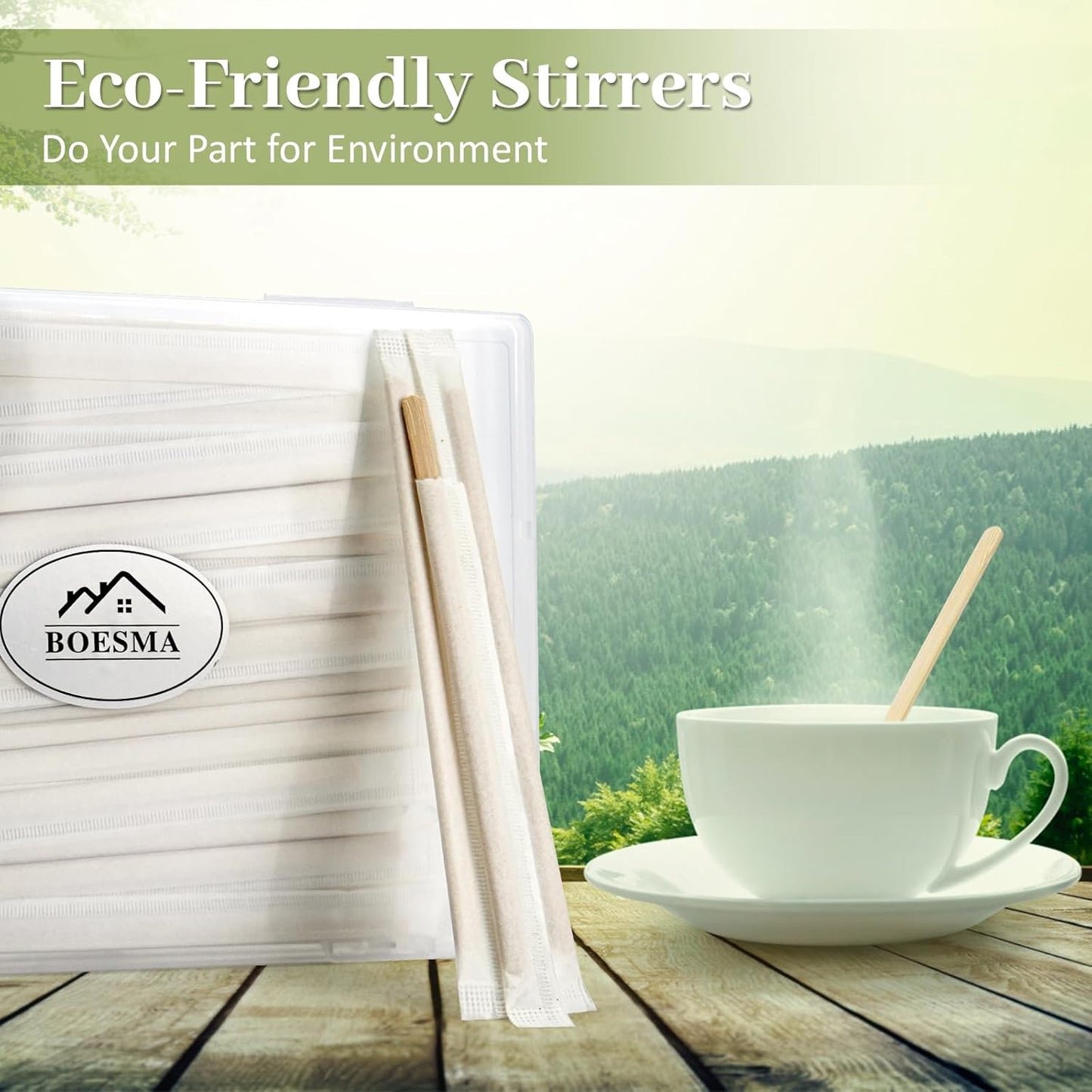 Bamboo Coffee Stirrers Individually Wrapped 200 Count in Storage Box – Coffee Stir Sticks 5.5 inch Coffee Bar Disposable individually wrapped coffee stirrers for Coffee and Cocktail