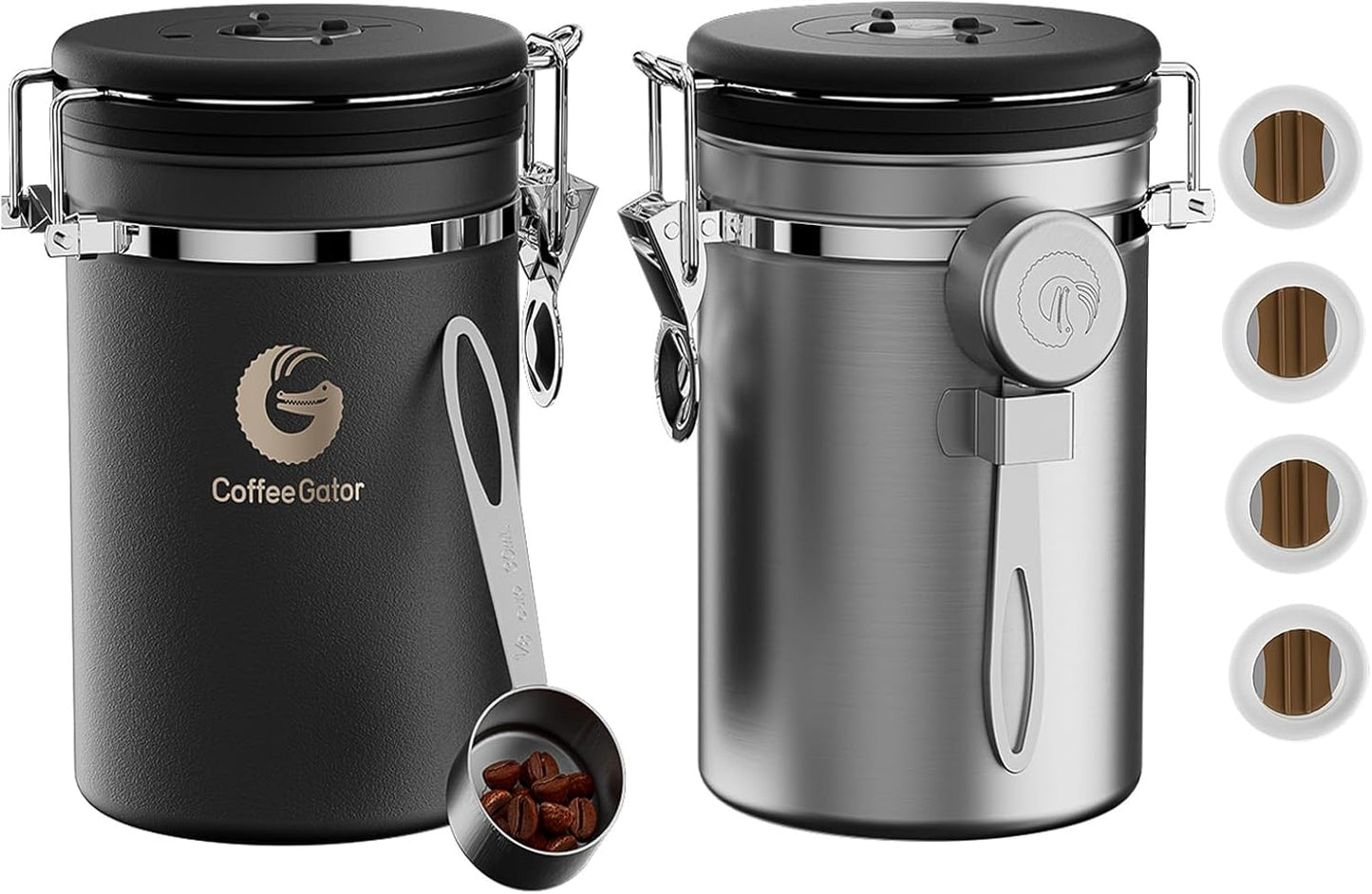 Coffee Gator Coffee Canister, 2pack 22oz Airtight Stainless Steel Kitchen Food Storage Container with Date Tracker, Scoop for Sugar, Grounds, Beans,Tea, Cereal, Flour, Cookies Jars - Gray&Silver