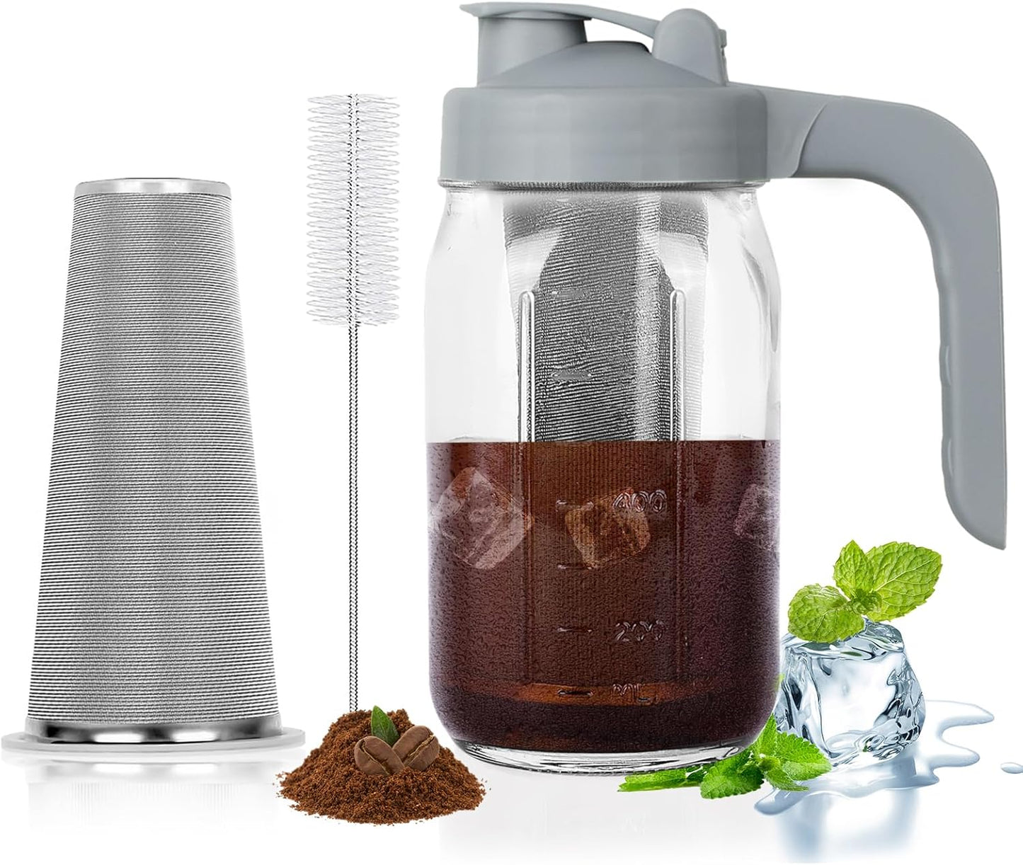 Cold Brew Coffee Maker Pitcher,32 Oz Glass Mason Jar Pitcher with V-shaped Pour Spout Handle Lid,Stainless Steel Filter for Iced Coffee,Iced tea,Breast Milk,Fruit Drinks,lemonade-Gray