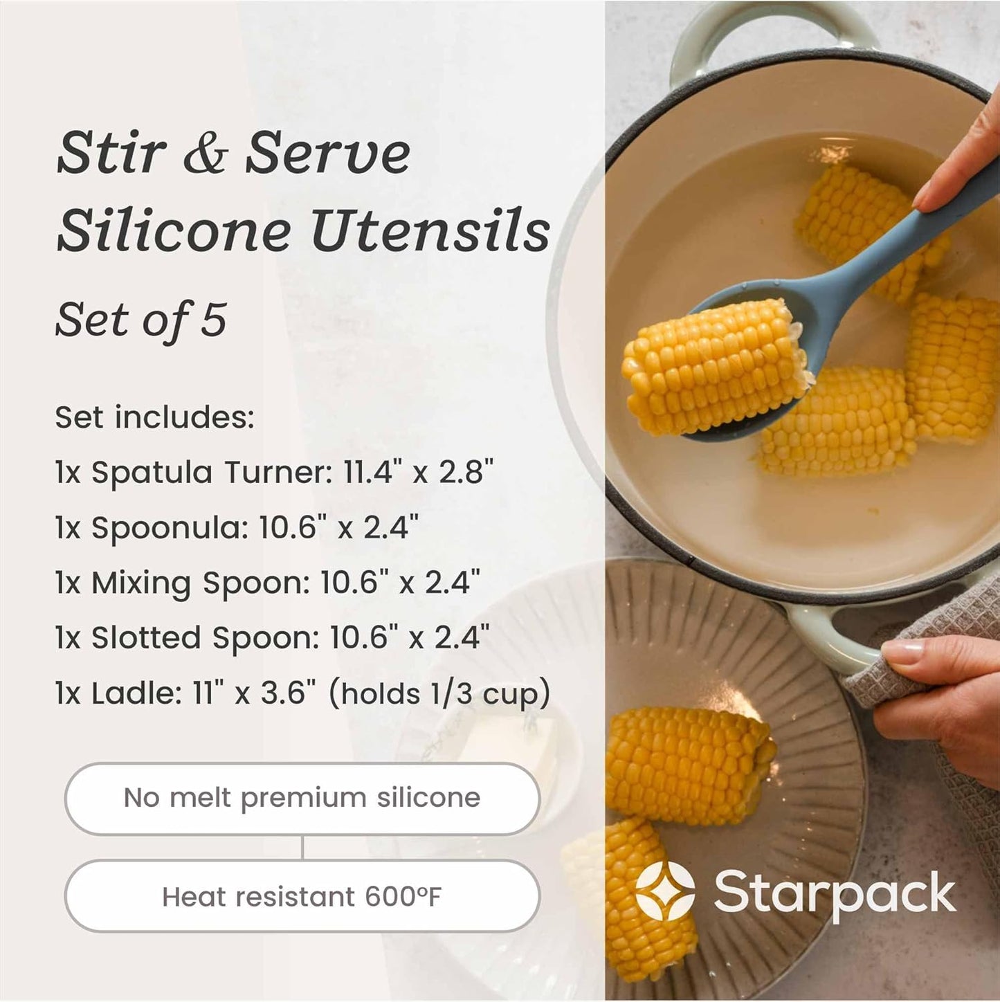 Starpack 'Stir & Serve' Silicone Cooking Utensils Set (5 Pcs) - Kitchen Utensil Set Heat Resistant to 600°F - Kitchen Utensils for Nonstick Cookware - Silicone Utensil Set for Mixing & Cooking