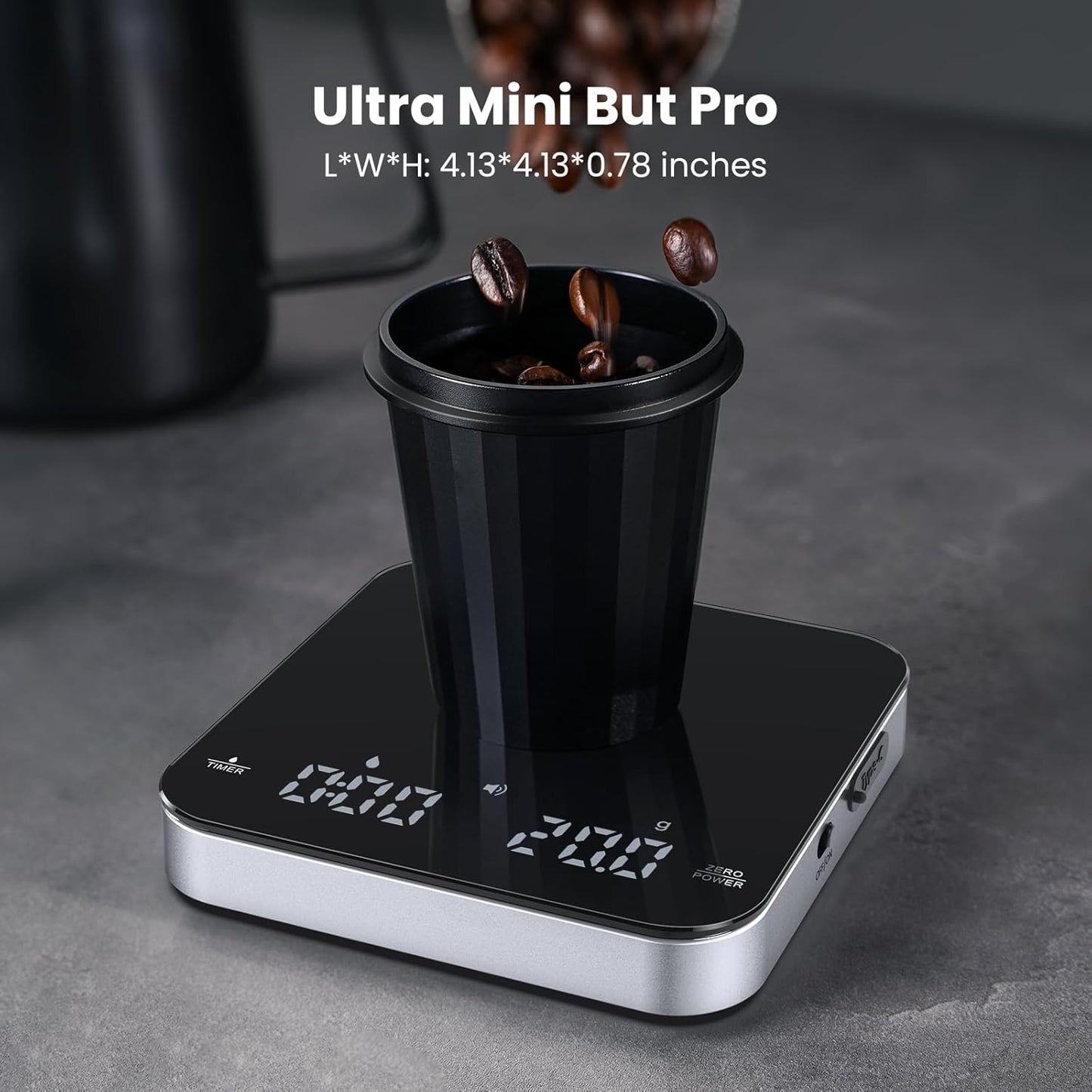 Rechargeable Mini Coffee Scale with Timer, Maestri House Espresso Scale, 2kg/0.1g Accurate Scale for Espresso and Pour-Over Coffee, Portable Digital Kitchen Scale with Automatic Timing（Black&Silver）
