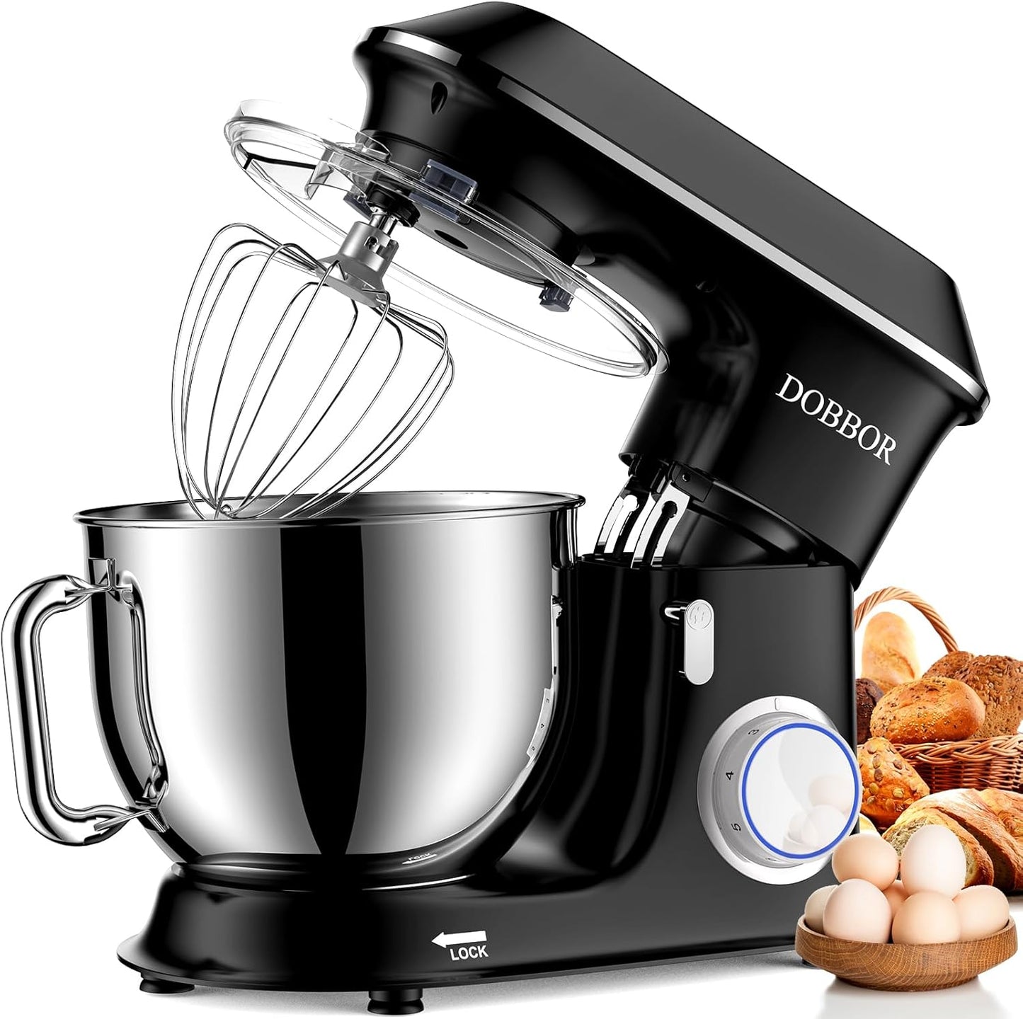 DOBBOR Electric Stand mixer, 9.5QT 660W 6 Speeds Tilt-Head Dough Mixers, Bread Mixer with Dough Hook, Whisk, Beater, Splash Guard for Baking Bread, Cake, Cookie, Pizza, Muffin, Salad and More - Black