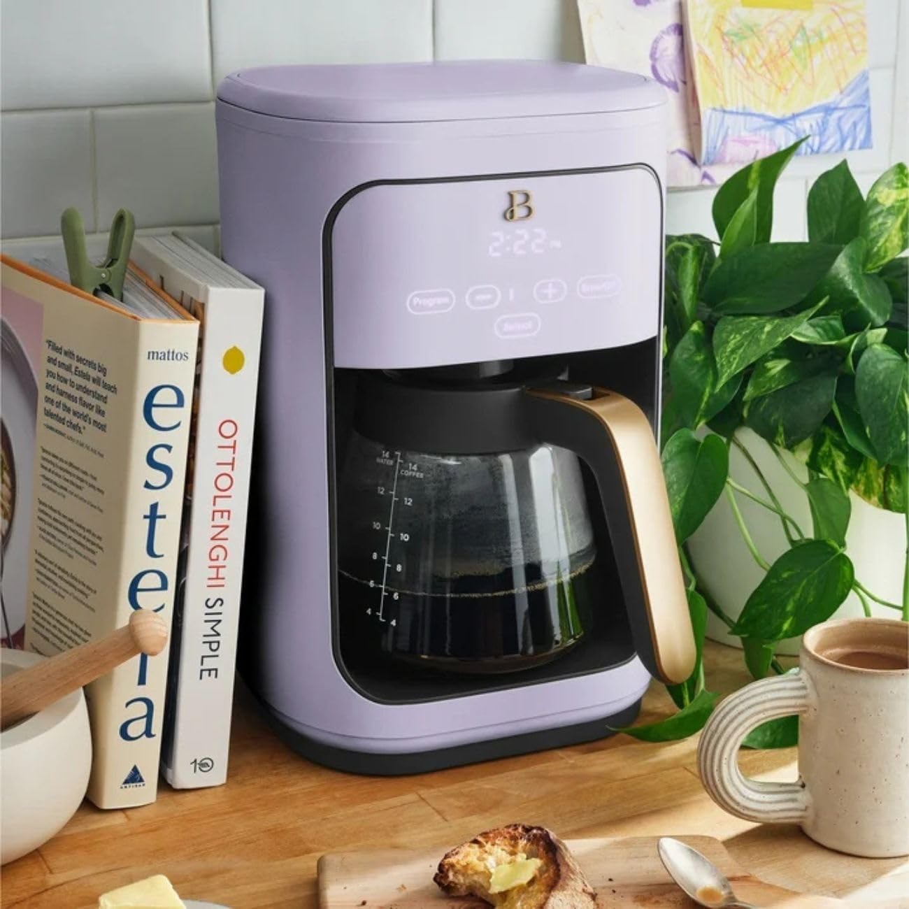 Beautiful Coffee Maker, 14-Cup, Touch Display, Programmable, 1200W, Stainless Steel, Keep Warm, 24h Timer dishwasher-safe (LAVENDER)