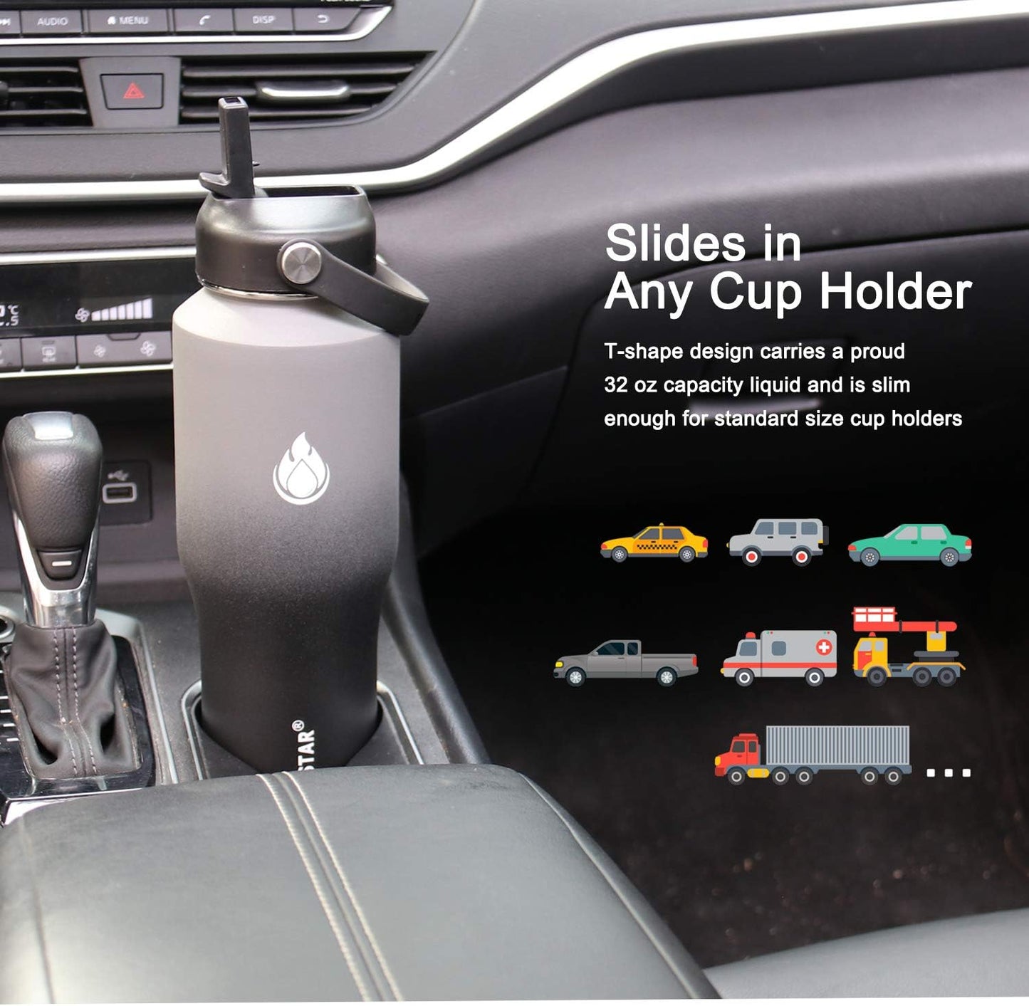 SENDESTAR Water Bottle 32oz,2 Lids(Straw lid),Wide Mouth Stainless Steel Vacuum Insulated Double Wall Keep Liquids Cold or Hot All Day,Sweat Proof Sport Design,Fit Car Cup Holder(Gray&Black)