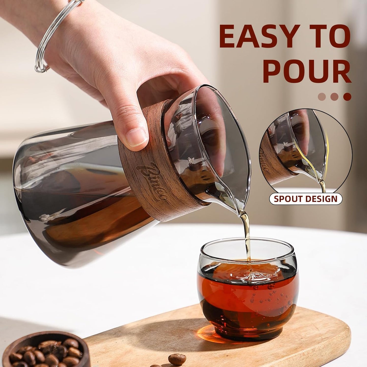 16 oz Glass Coffee Carafe with Wood Heat-Resistant Layer, Pour Over Coffee Carafe and Tea Steeper Coffee Decanter Coffee Server, 1 Pcs Included,(Smoky Gray)