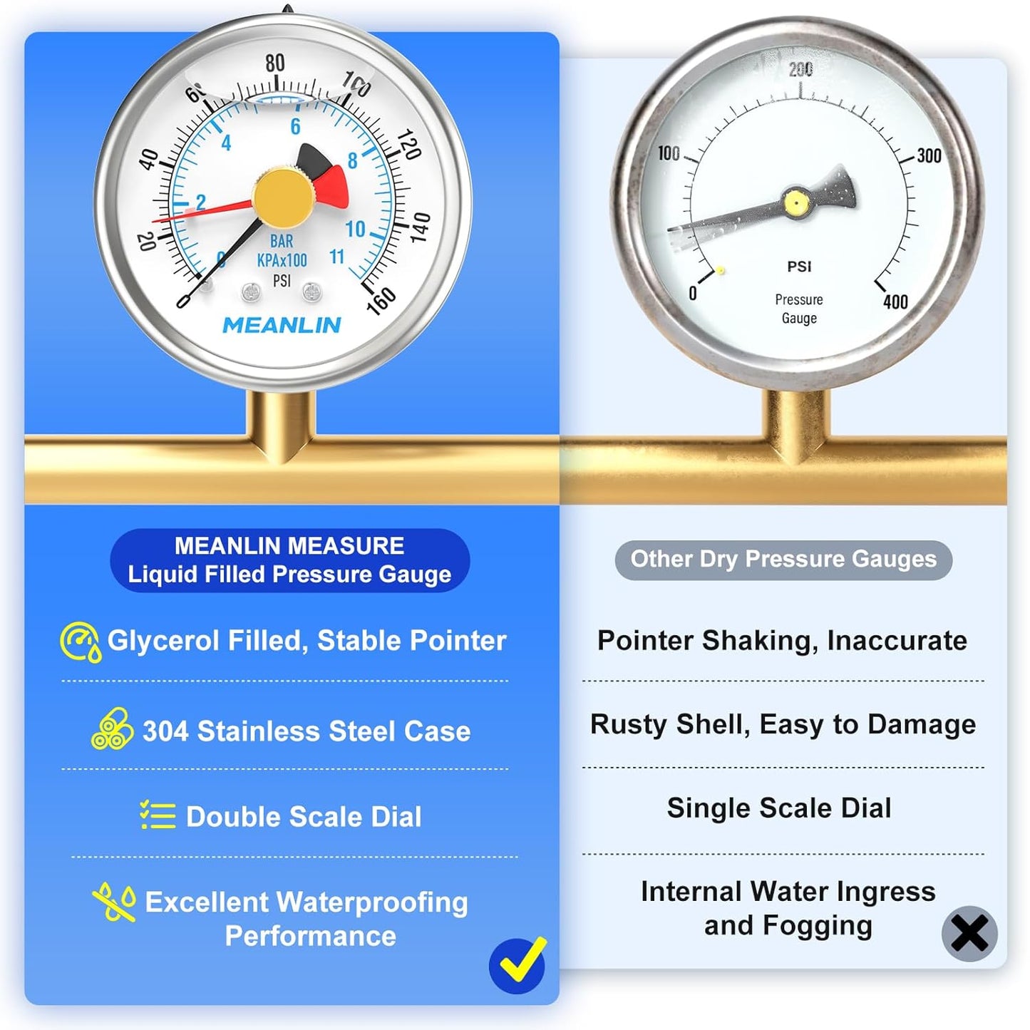 MEANLIN MEASURE 0~160Psi Stainless Steel 1/4" NPT 2.5" FACE DIAL with Reset Pointer Liquid Filled Pressure Gauge WOG Water Oil Air, Back Mount, with Brass Hex Bushing