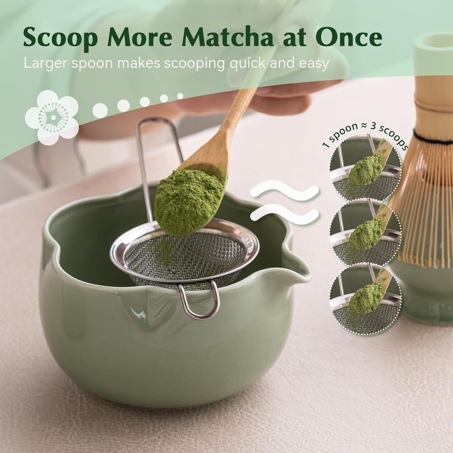 Matcha Set, 8Pcs Floral Ceramic Matcha Set with Matcha Whisk, Holder, Scoop, Scoop Rest, Sifter, Spoon and Tea Towel - Thoughtful Matcha Whisk Set Gift for Matcha Lovers (Green)