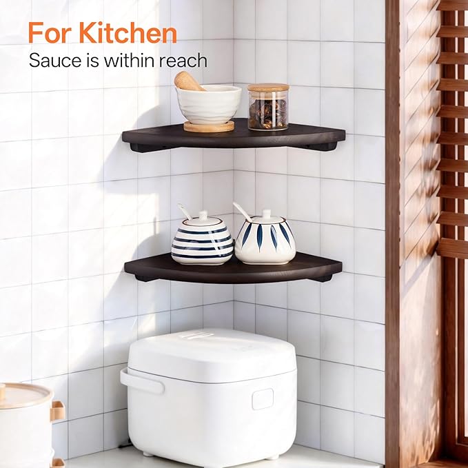Gieanoo Floating Corner Shelves Set 2 16inch Walnut Solid Oak Rounded Corner - Image 8