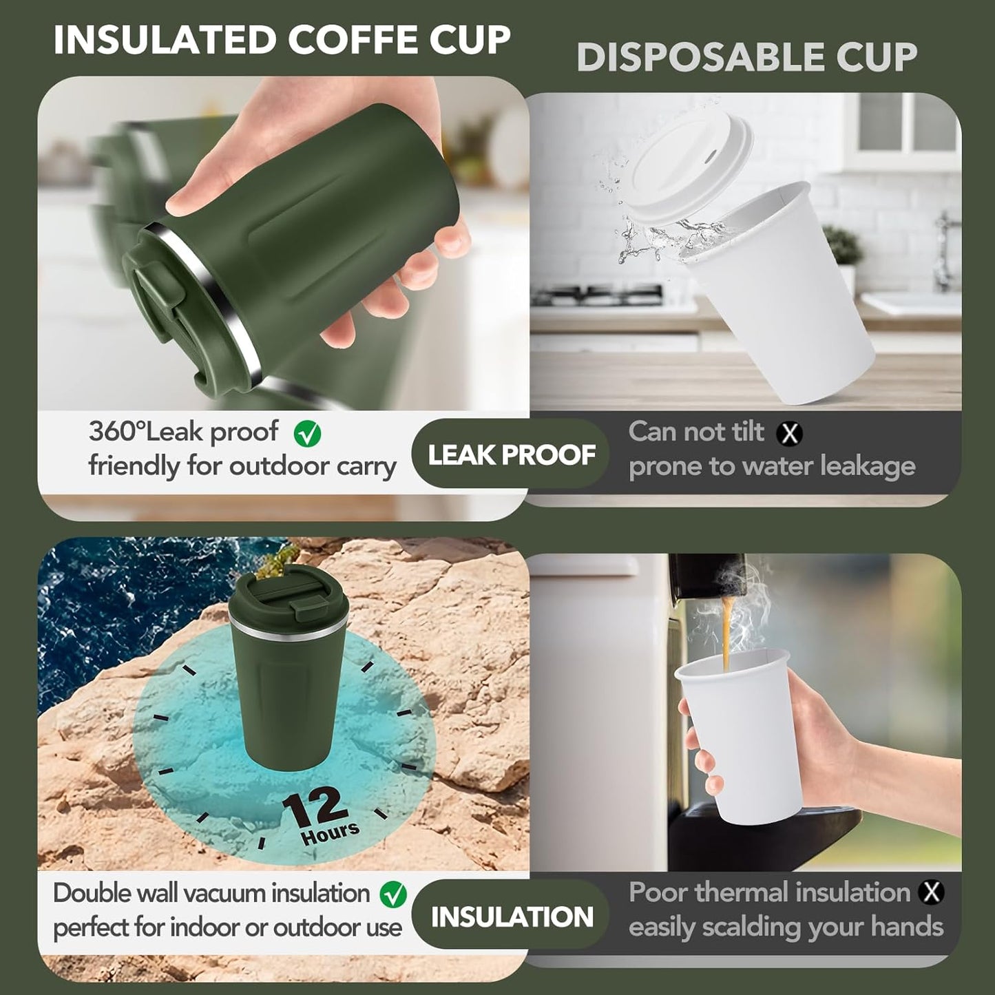 Volhoply 12 oz Double Wall Insulated Vacuum Travel Coffee Mug with Flip Lid Bulk 4 Pack,Reusable Stainless Steel Leak Proof Coffee Cup,Portable Thermal Tumbler for Hot & Cold Drinks(Army Green,8 Set)