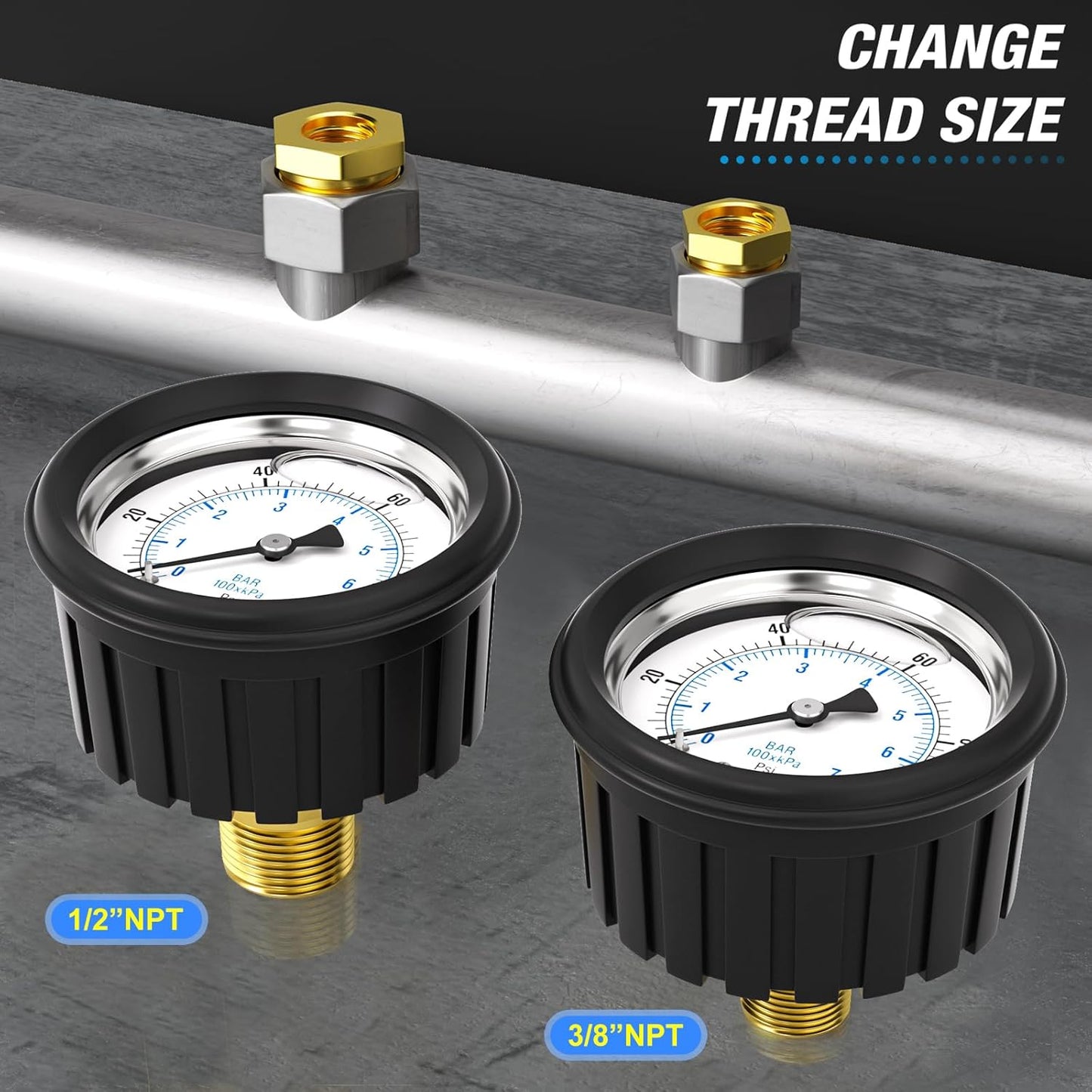 MEANLIN MEASURE 0~100Psi Stainless Steel 1/4" NPT 2.5" FACE DIAL,Liquid Filled Pressure Gauge, Center Back Mount (with Rubber Protective Sleeve), with 1/2" NPT and 3/8" NPT Hex Bushing