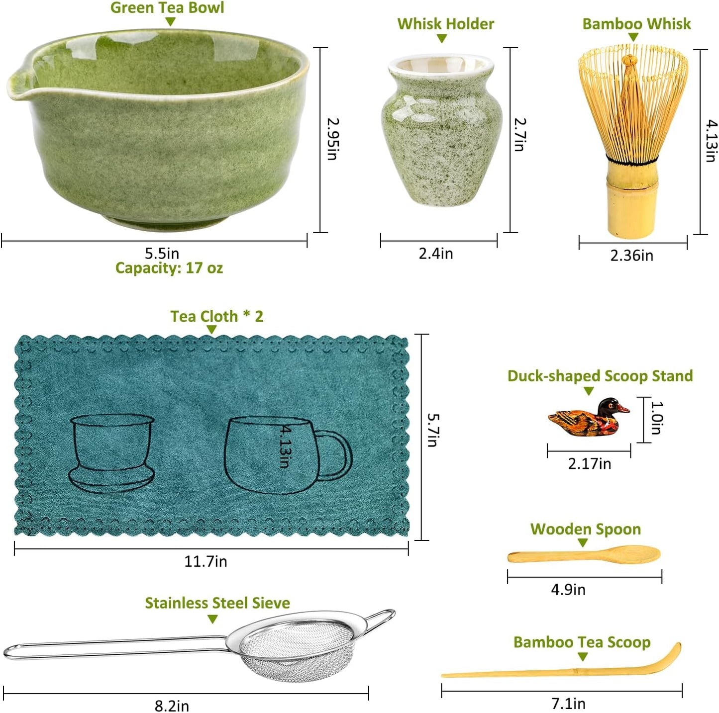 Matcha Set, 9 Pcs Japanese Matcha Whisk Set Matcha Tea Set for Traditional Tea Ceremony, Ceramic Matcha Kit for Matcha Drinks Matcha Set Whisk and Bowl Gift for Starters & Matcha Lover, Green