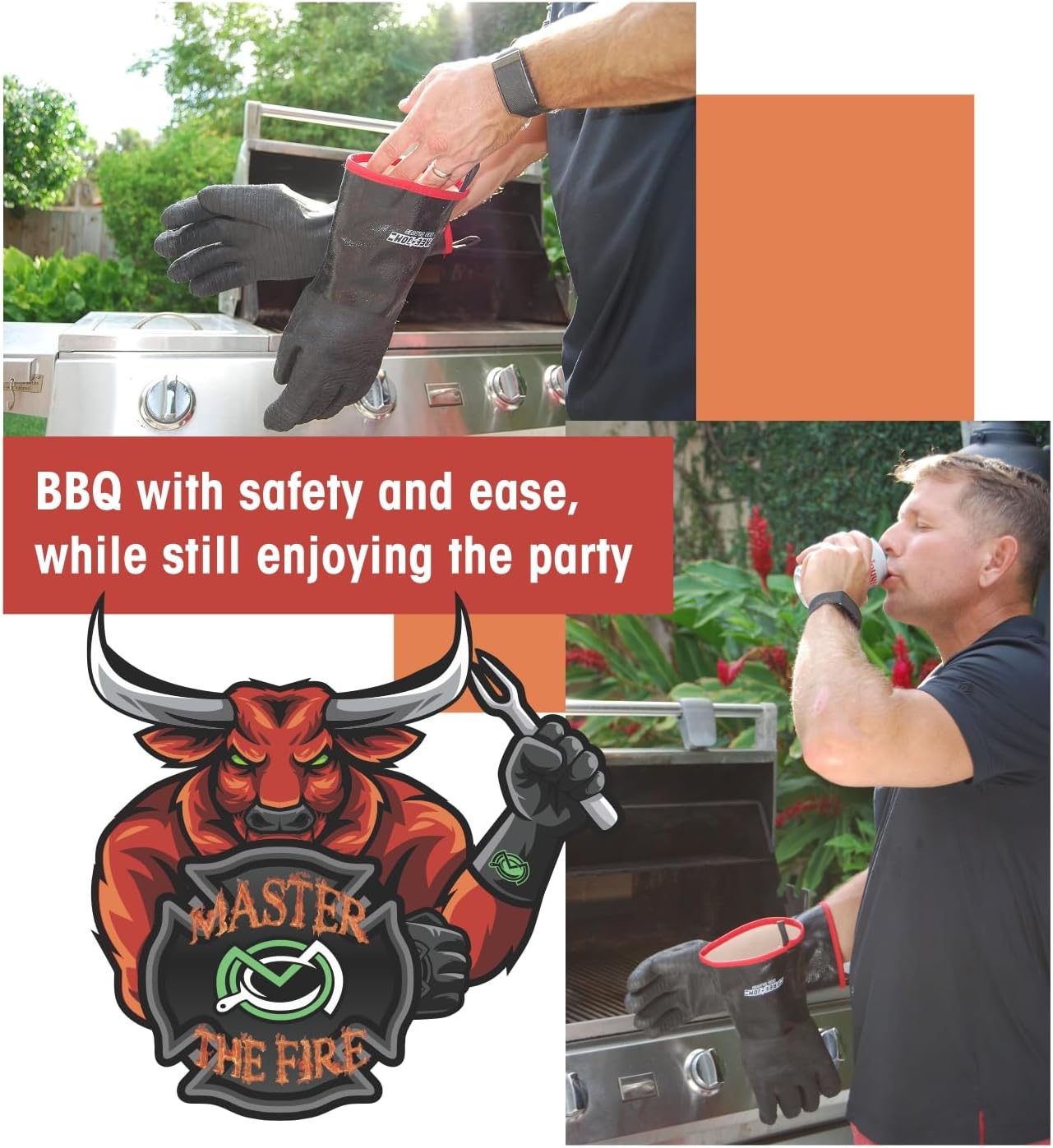 Freedom BBQ Gloves 932°F Heat Rated Magnetic EZ On Off Safety Clips Waterproof for Grills Smokers Fryers Ovens (14")