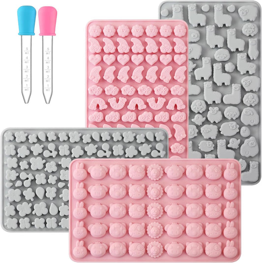 Animals & Flowers Silicone Candy molds, Non-Stick Gummy Bear Chocolate Gelatin Tray with 2 Droppers Creates 260 Alpaca, Clover, Animals, Rainbow & Cloud, Pack of 4