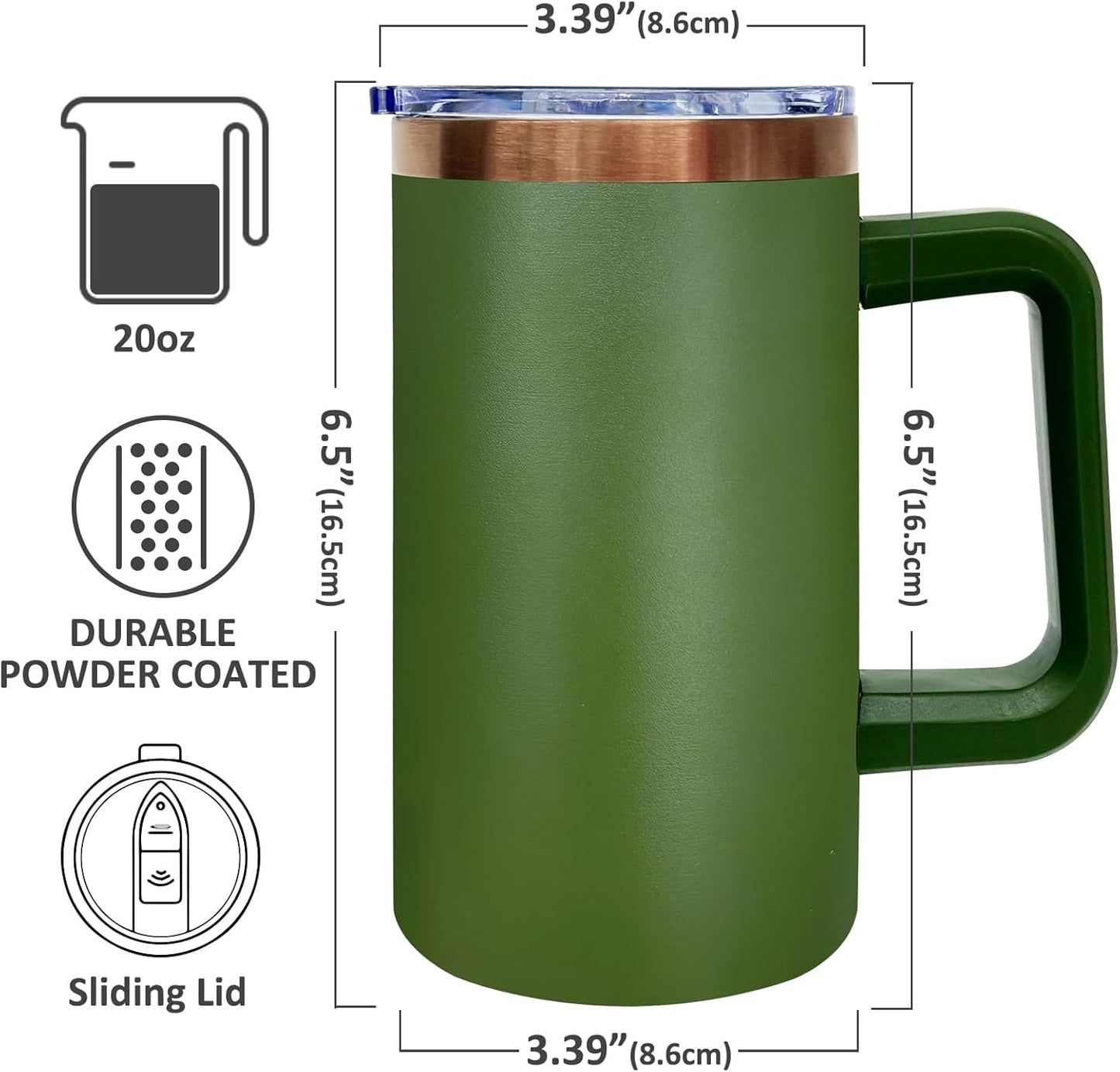20 oz Insulated Coffee Mug with Lid, Stainless Steel Coffee Tumbler Bulk, Double Wall Vacuum Travel Mug with Handle, Leakproof Powder Coated Coffee Cups for Hot and Cold Drinks (Army Green,1 pack)