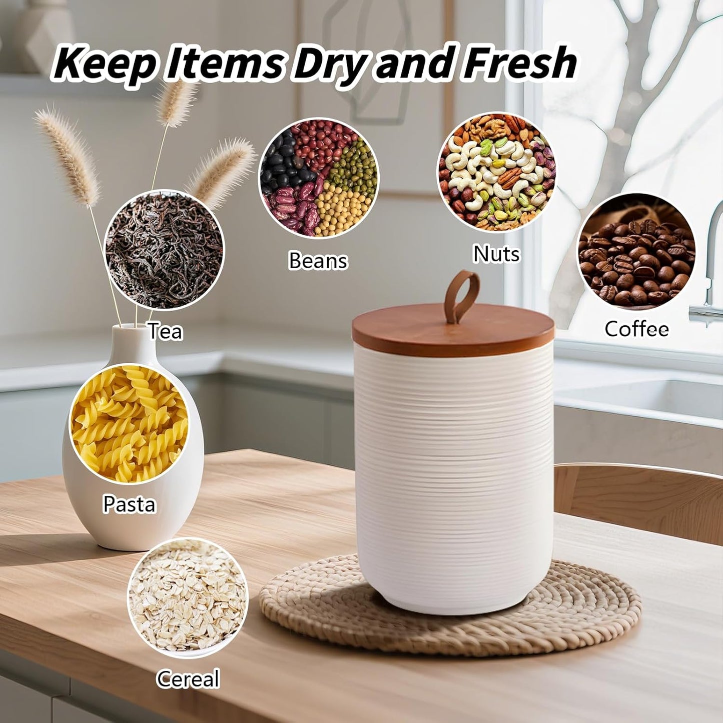 Food Storage Jar Strong Ceramic Storage Canisters with Airtight Wooden Lid,Kitchen Storage Containers for Serving Coffee Beans, Tea, Sugar, Salt, Spices (Little white)