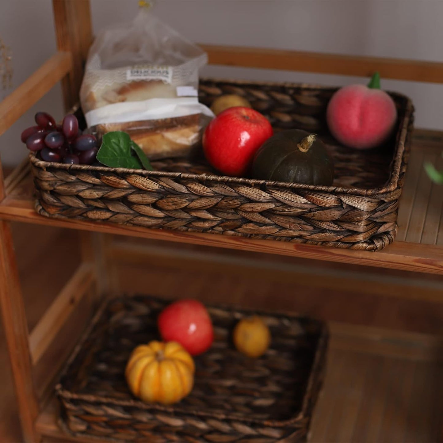 Water Hyacinth Woven Serving Tray Rectangular Hand-Woven Wicker Storage Trays for Coffee/Breakfast/Dessert/Fruit/Bread (Brown-Small)