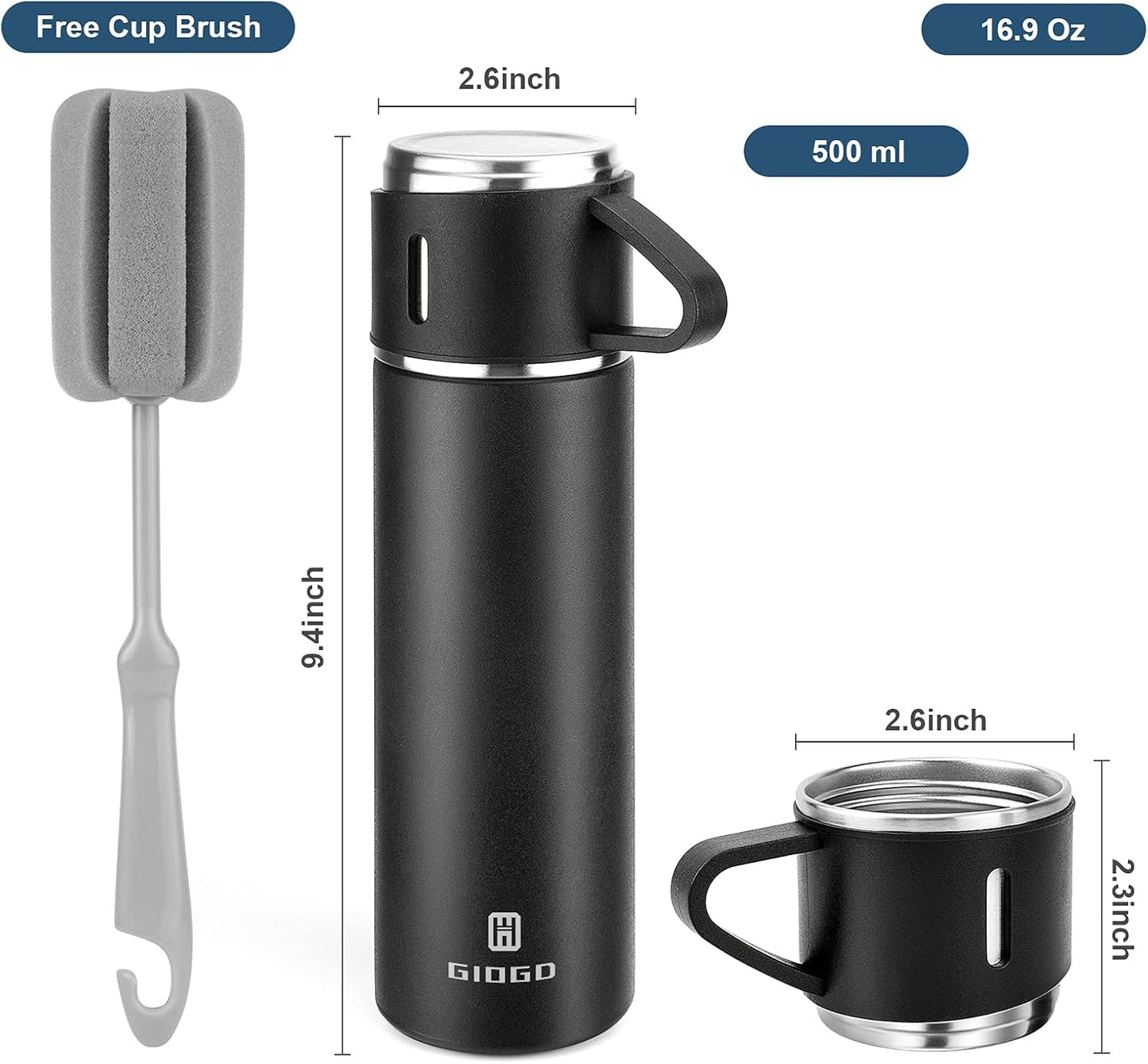 Stainless Steel Thermo 500ml/16.9oz Vacuum Insulated Bottle with Cup for Coffee Hot drink and Cold drink water flask.(Black,Single)