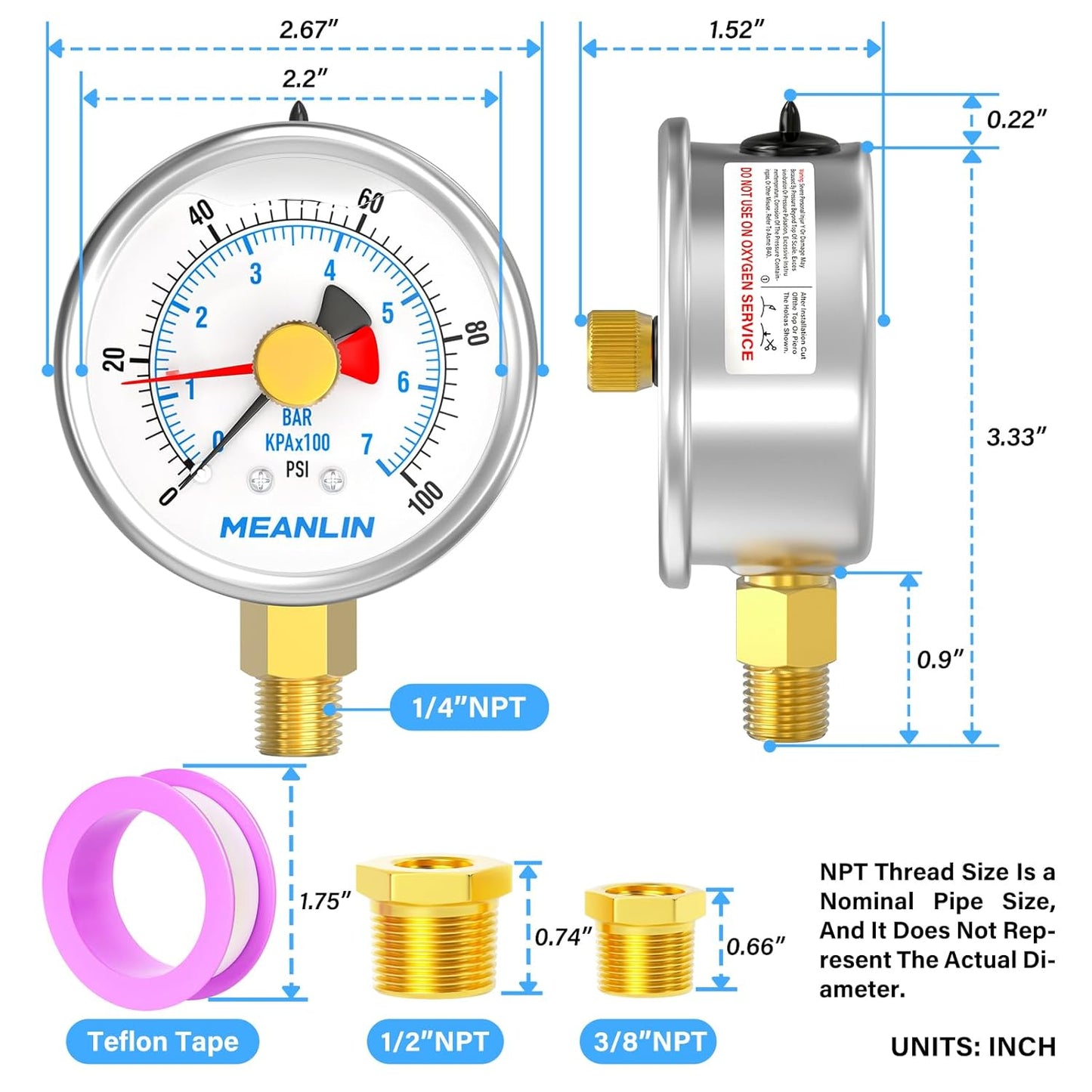 MEANLIN MEASURE 0~100Psi Stainless Steel 1/4" NPT 2.5" FACE DIAL with Reset Pointer Liquid Filled Pressure Gauge WOG Water Oil Air, Lower Mount, with 1/8" x 1/4" NPT and 1/8" x 3/8" NPT Hex Bushing