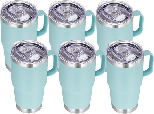 VEGOND 20 oz Tumbler Bulk with Handle Lid and Straw, Stainless Steel Insulated Travel Coffee Mug Set, Spill Proof Double Wall Metal Tumblers Cups, Mint Green 6 Pack
