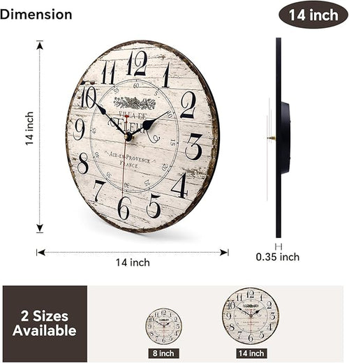 14 Inch Retro Vintage French Country Style Round Wooden Wall Clock Silent - Image 2