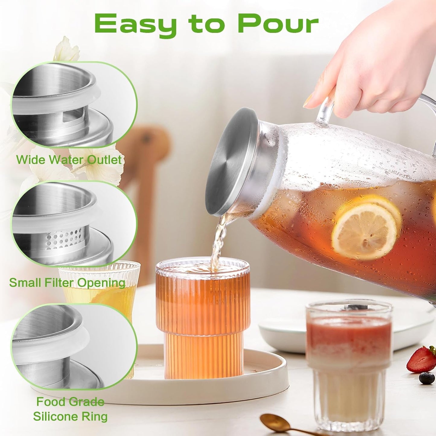 Glass Pitcher with Lid, ZBUFAN 68oz/2 Liter Glass Water Pitcher with Handle and Lid, Anti-Slip Base Juice Jug for Ice Tea, Sun Tea, Sangria, Lemonade Fridge Pitchers for Drinks Gray