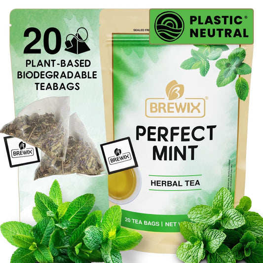 BREWIX, Perfect Mint Tea (20 Pyramid Tea Bags) | Soothing Mint Blend for Digestion Support & Daily Calm | Calming, Fresh and Cool | Caffeine Free Herbal Tea | No Sugar & No Caffeine | Spearmint and Peppermint