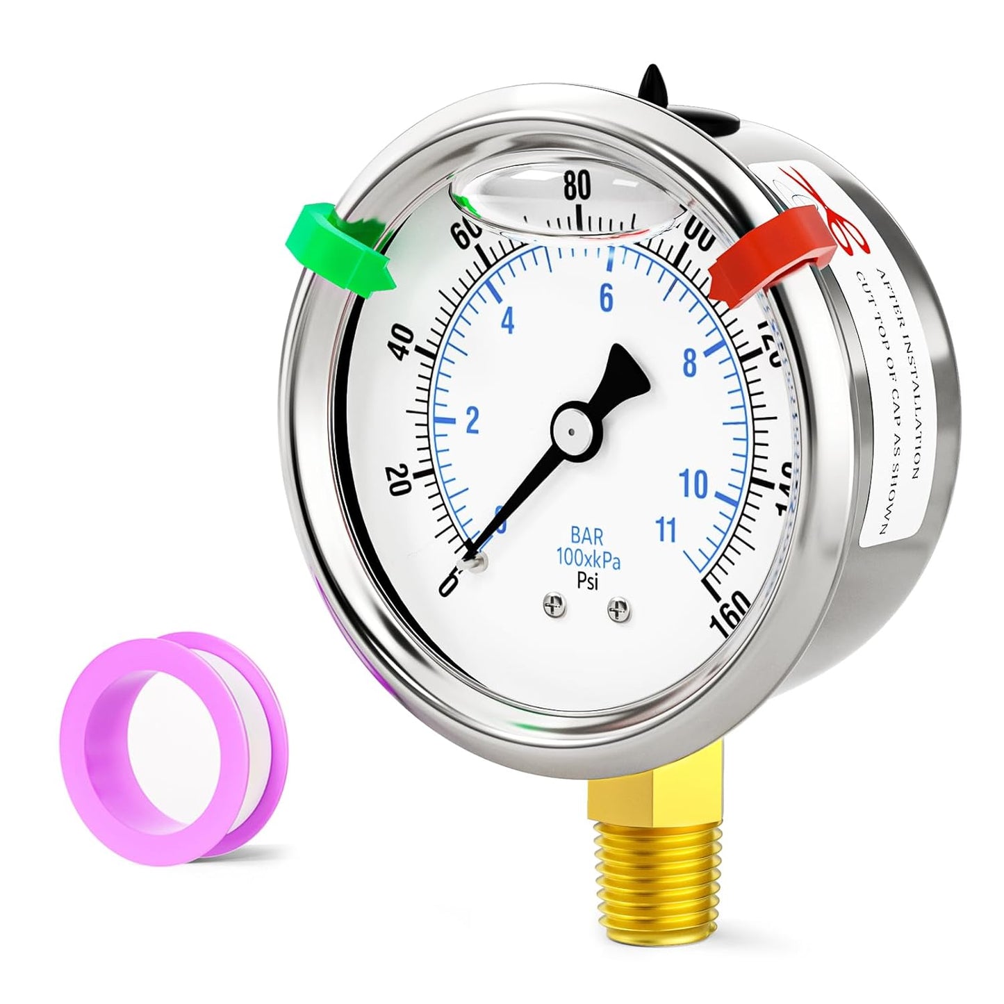 0-160psi Stainless Steel 1/4" NPT 2.5" Dial, Glycerin Liquid Filled Pressure Gauge Lower Mount Designed for Pressure Testing of Water, Oil and Air (with Range Mark Pointer)