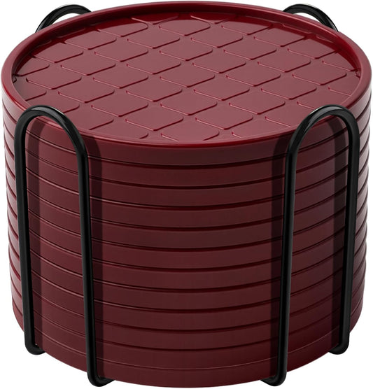 Coasters,Drink Coasters Set of 8 with Holder (Wine red, 12pcs)